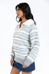 Made For Me Grey Fleece Collar Fair Isle Quarter Zip Sweater  FINAL SALE