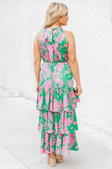 An Inspiration Green and Pink Printed Satin Halter Maxi Dress FINAL SALE