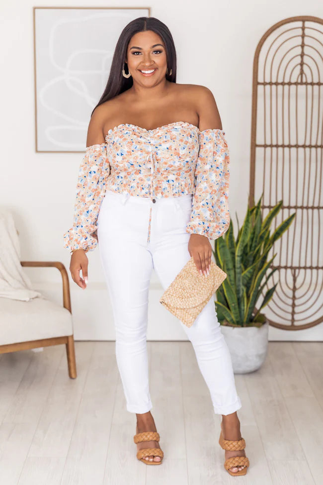 Sonic Blooms Orange Floral Off The Shoulder Long Sleeve Blouse SALE