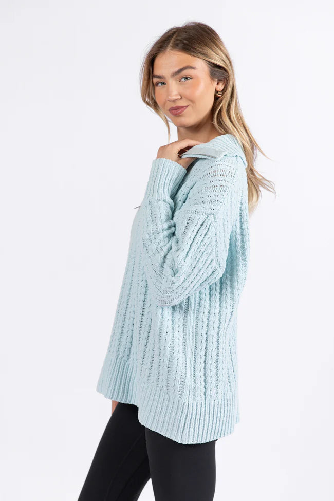 Forever Yours Blue Cable Knit Chenille Quarter Zip Sweater SALE