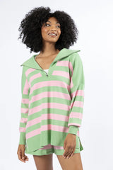 Pulling Heartstrings Green and Pink Striped Quarter Zip Pullover SALE