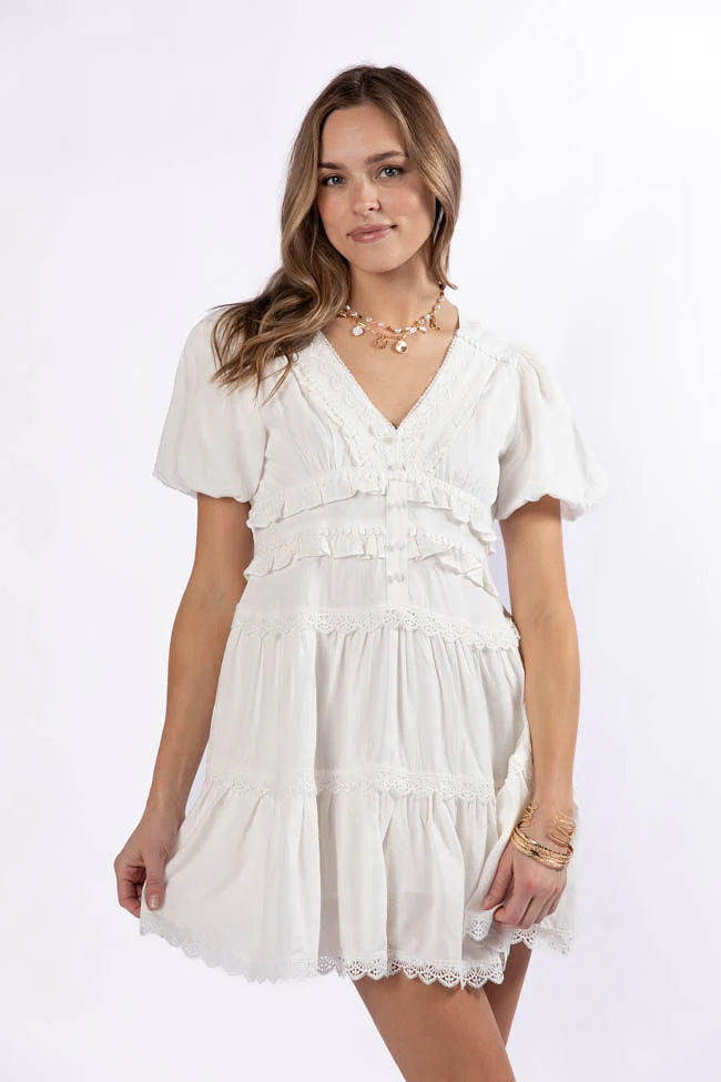 Enjoying Life White Ruffle Trim Mini Dress