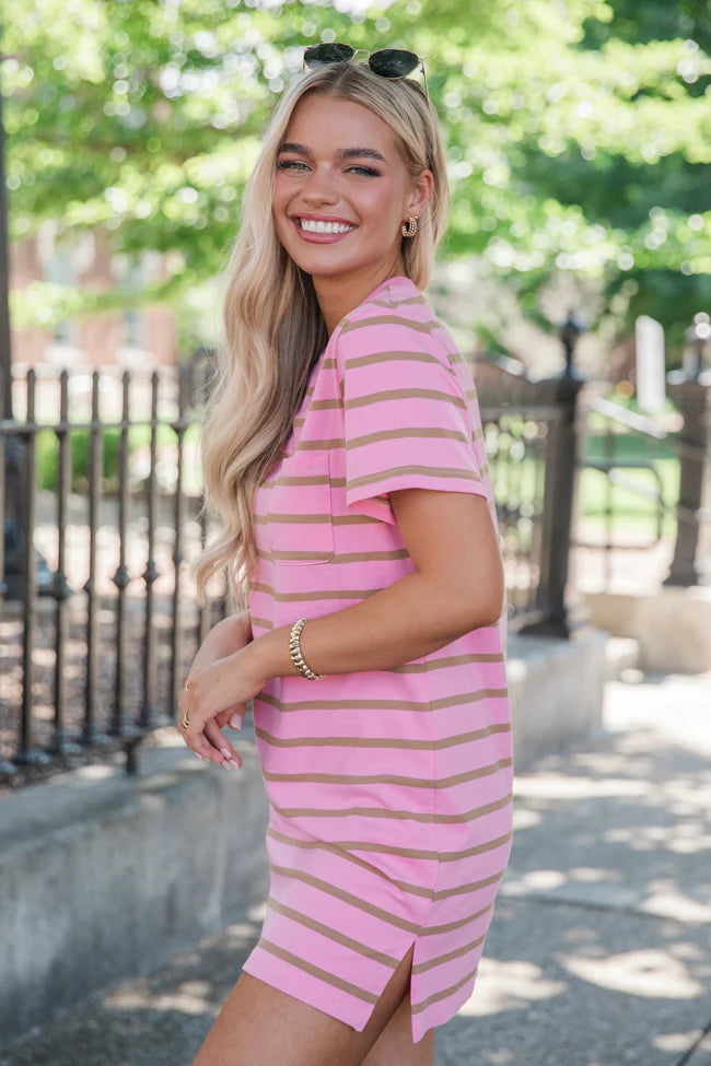 Never A Dull Moment Pink and Brown Striped T-Shirt Dress