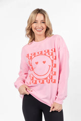 Heart Checkered Smiley Light Pink Oversized Graphic Sweatshirt