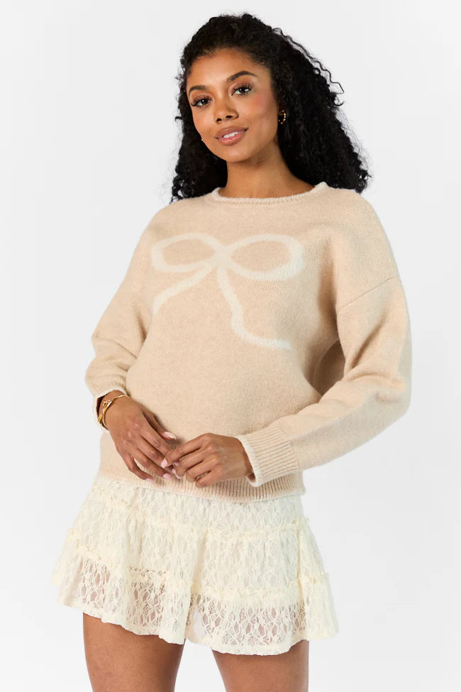 Peek- A-Bow Beige and Ivory Crew Neck Sweater