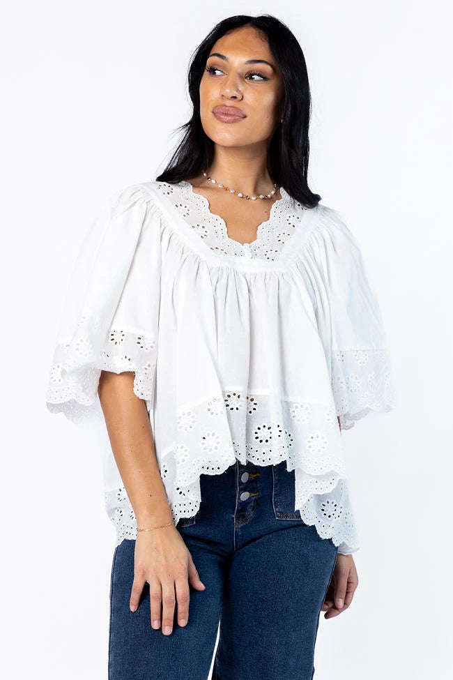 No Regrets Ivory Eyelet Detail Popover Short Sleeve Blouse