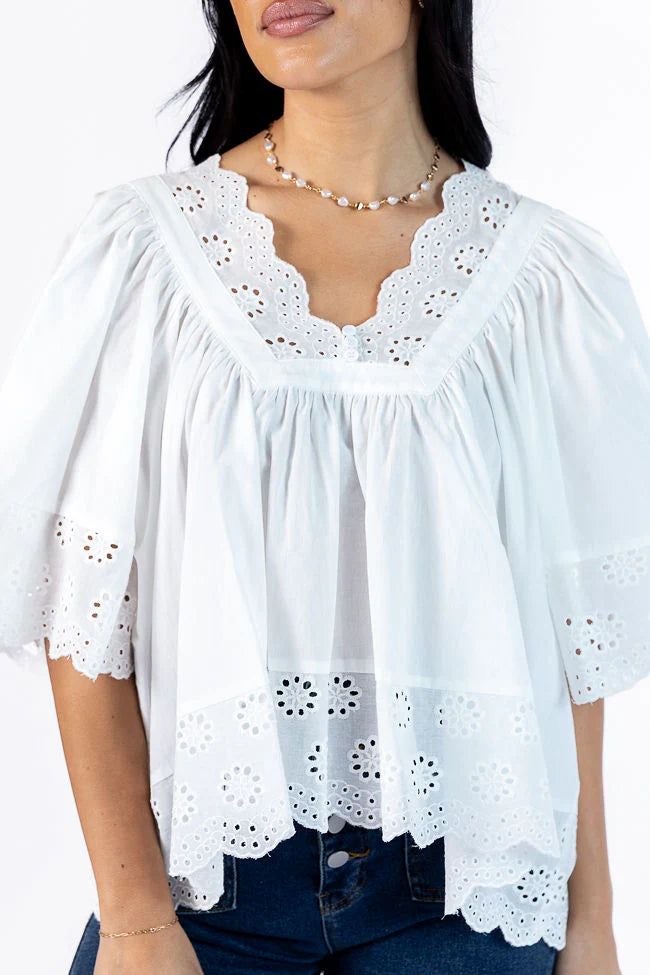 No Regrets Ivory Eyelet Detail Popover Short Sleeve Blouse