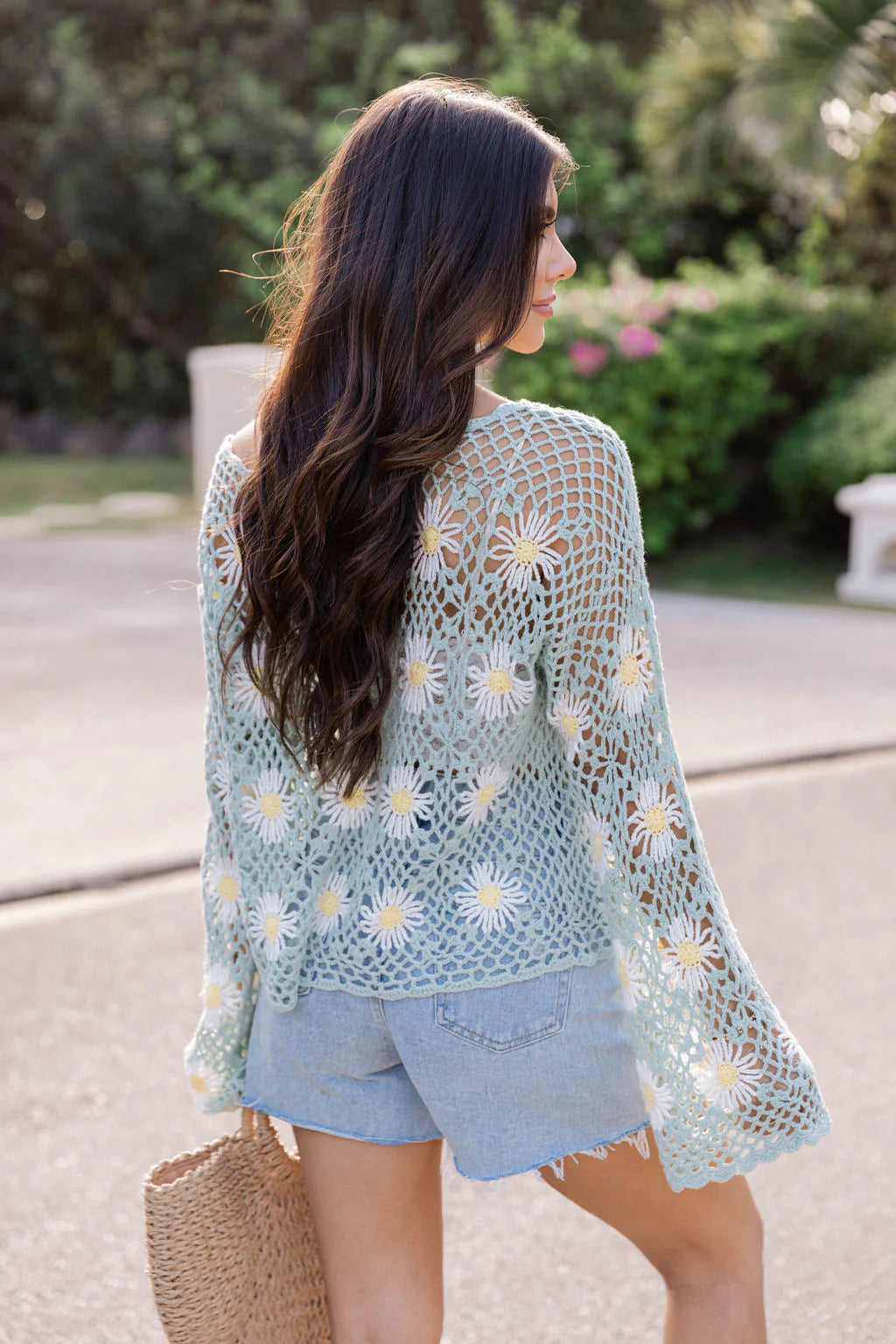 Right This Way Sage Flower Crochet Sweater FINAL SALE