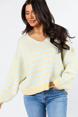 Wait A Minute Yellow and Blue Multi Striped V-Neck Sweater