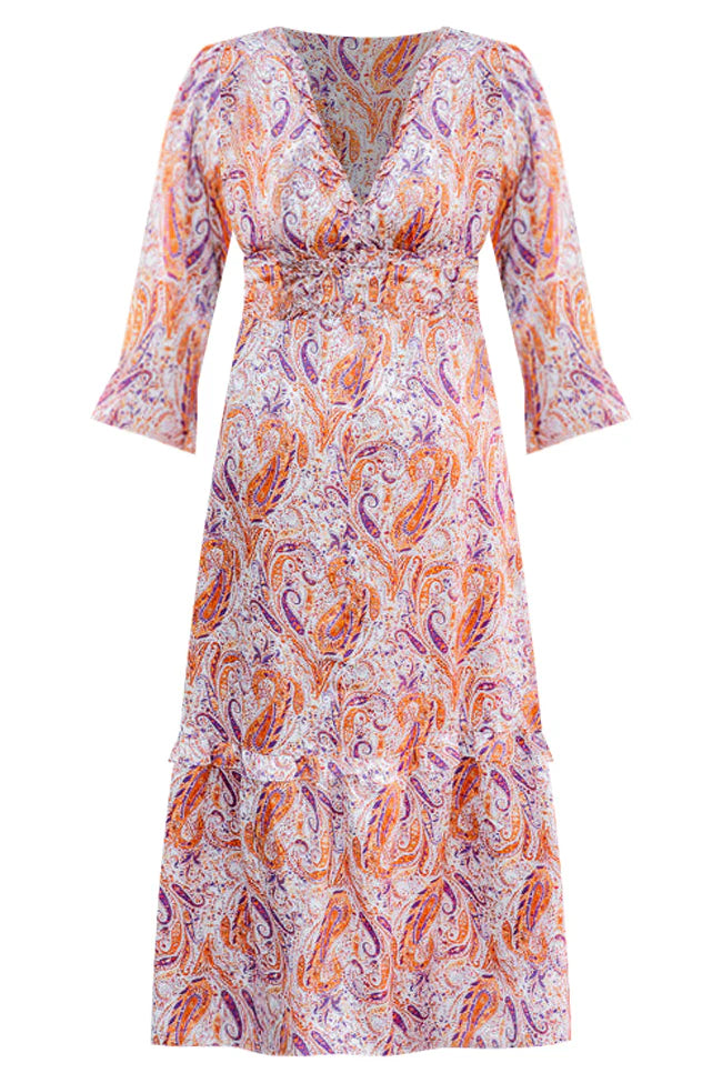 It's All A Dream Rust Multi Paisley Satin Ruffle Trim Maxi Dress FINAL SALE