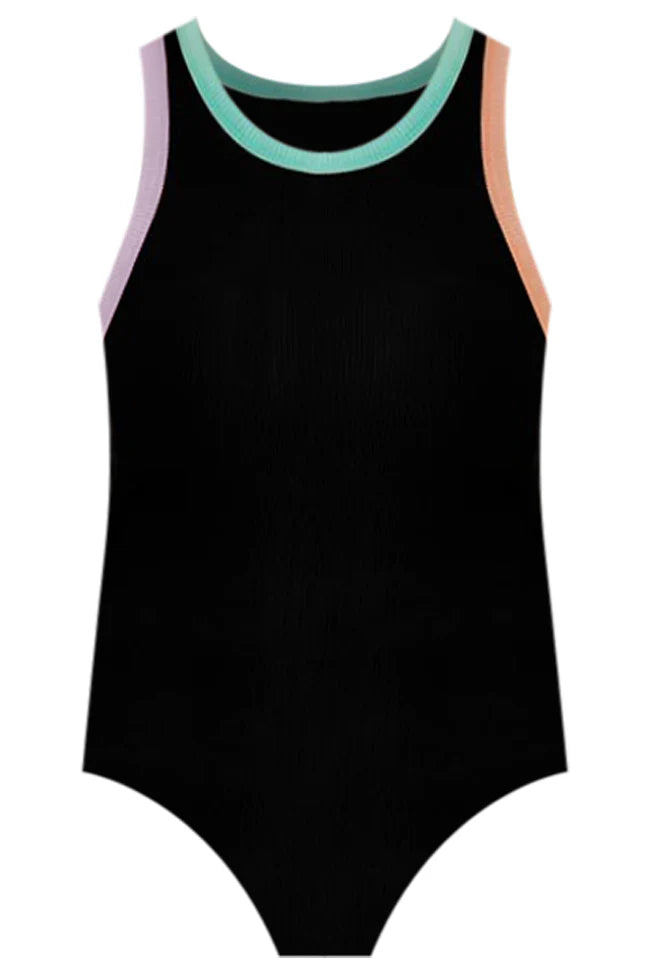 Bite The Bullet Black Color Block Trim High Neck Tank Bodysuit SALE