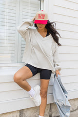 Along The Way Heather Grey Oversized Pocketed Waffle Top