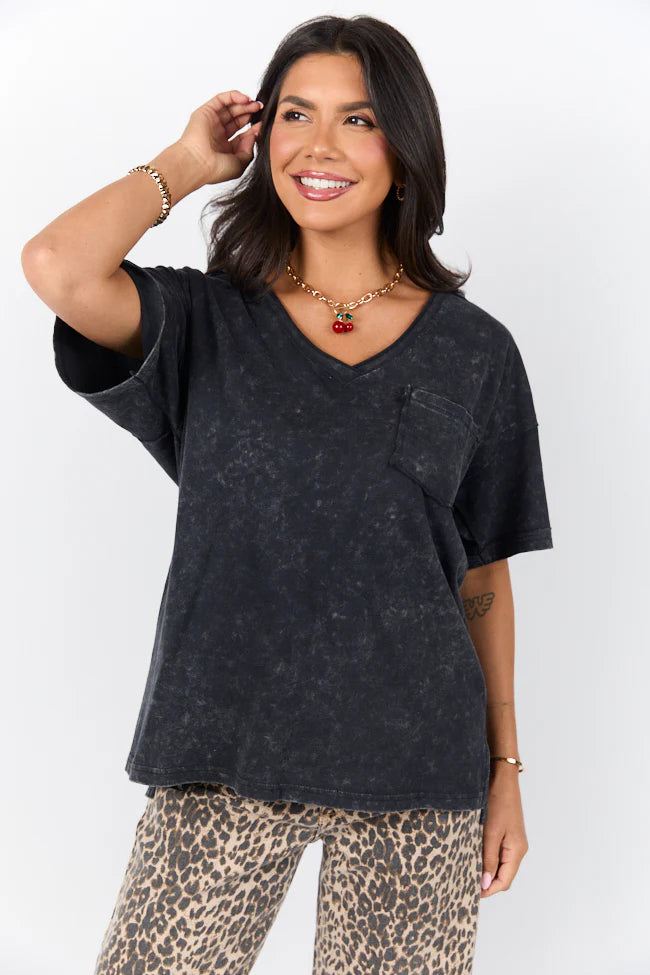 When We Meet Black Oversized Acid Wash V-Neck Tee