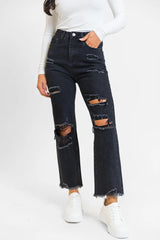 Megan Black Wash Distressed Straight Leg Mom Jeans