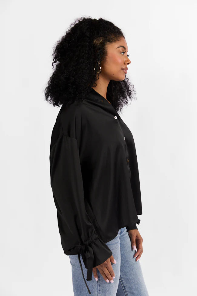 Think It Through Black Bow Cuff Satin Button Down Shirt