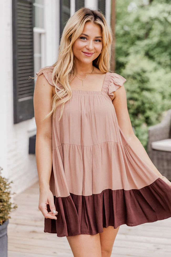 Breezy Walks Brown Colorblock Babydoll Mini Dress FINAL SALE