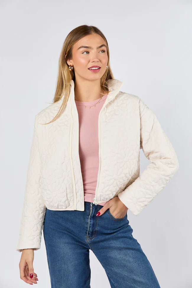 Full Bloom Cream Flower Quilted Zip Up Jacket