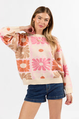 Gracious Gardens Coral Multi Block Floral Sweater