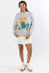 Vintage Green and Black Cheer Teddy Bear Light Grey Oversized Graphic Sweatshirt