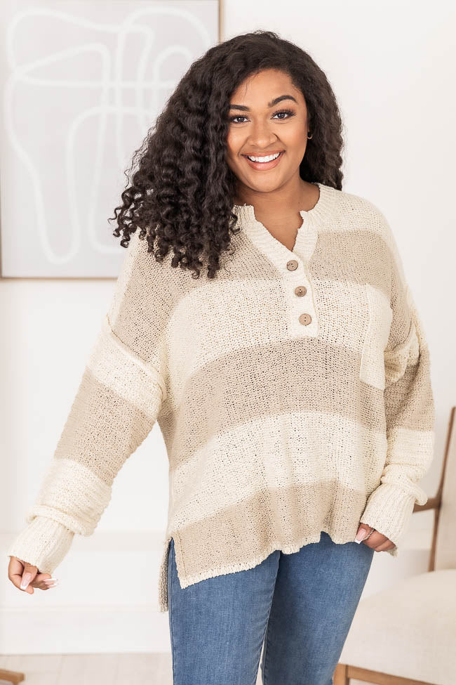 Know You Best Beige Oversized Striped Henley Sweater