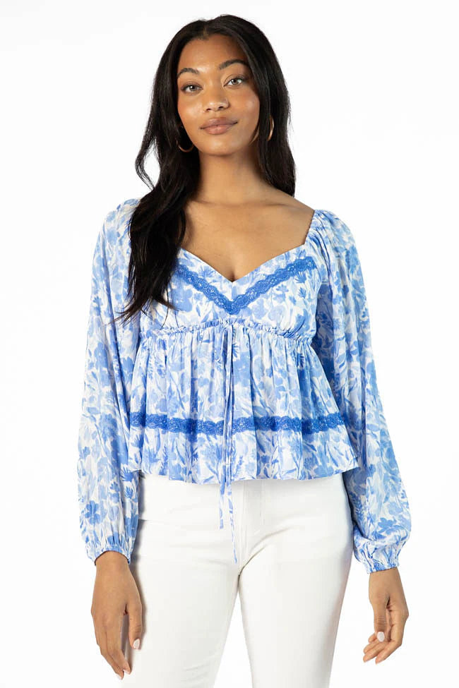 In My Dreams Blue Lace Trim Floral Blouse