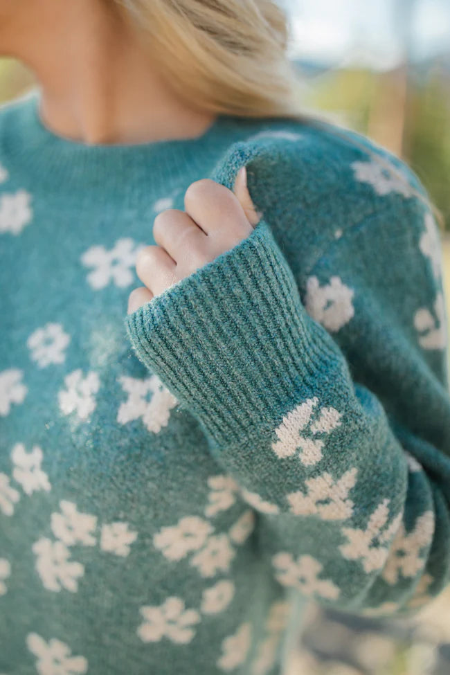 Forget The Rest Sea Green Floral Print Sweater