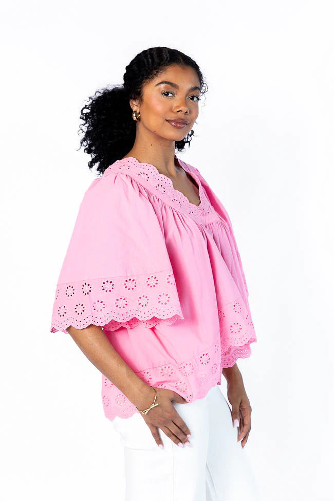 No Regrets Pink Eyelet Detail Popover Short Sleeve Blouse