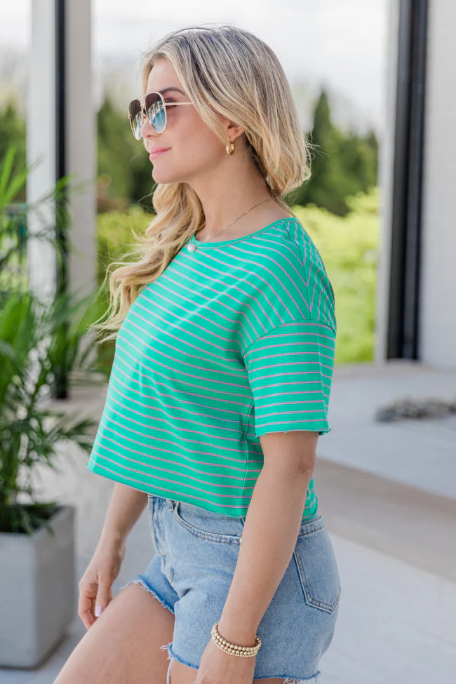 Easy Way Out Green And Pink Striped Crop T-Shirt SALE