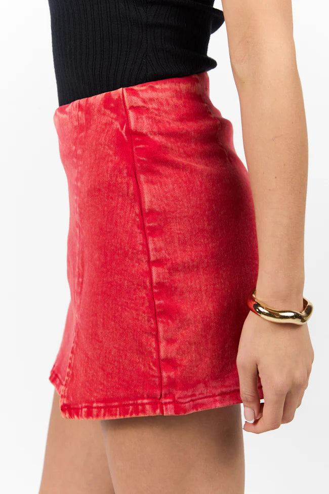 My Favorite Red Acid Wash Side Slit Denim Skort