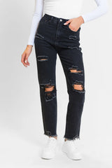 Megan Black Wash Distressed Straight Leg Tall Mom Jeans