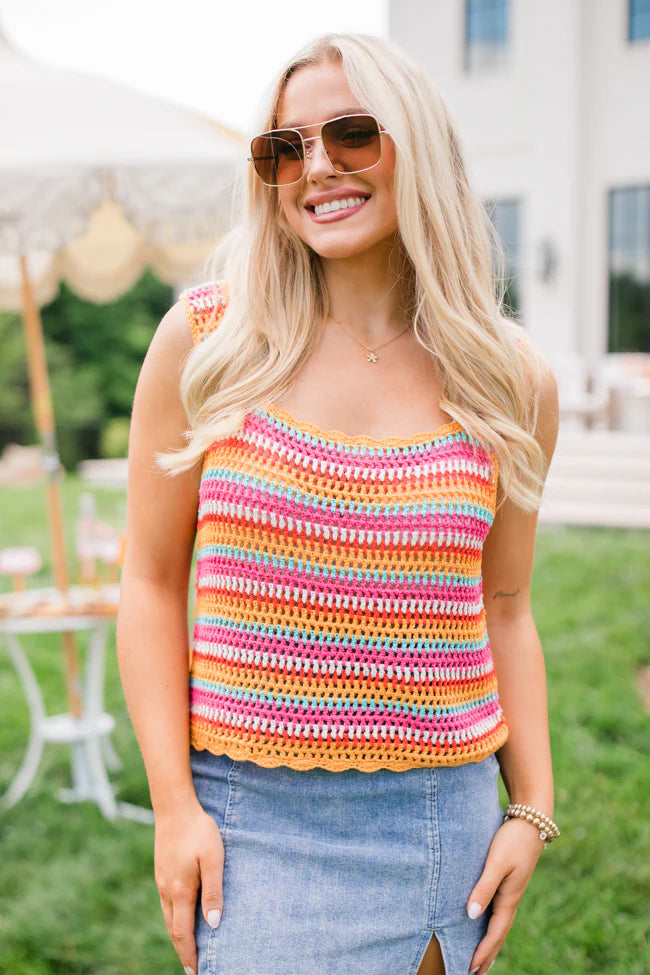 We Were Us Pink And Orange Multi Stripe Crochet Tank SALE