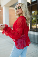 Breathe Deeper Red Sheer Ruched Blouse FINAL SALE