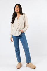 Any Other Way Oatmeal Brushed Rib Henley Knit Long Sleeve Top