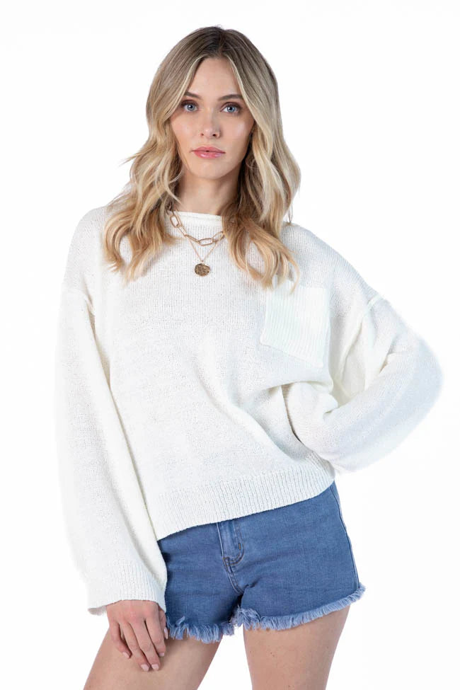 Tell Me Everything Ivory Oversized Pocketed Light Weight Sweater