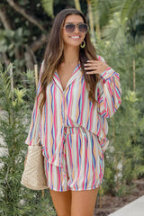 Bayside Brunch Pastel Striped Plisse Button Up and Shorts Set FINAL SALE