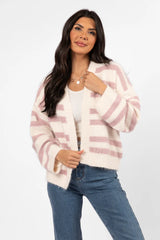 Made My Change Mauve and Cream Fuzzy Striped Cardigan SALE