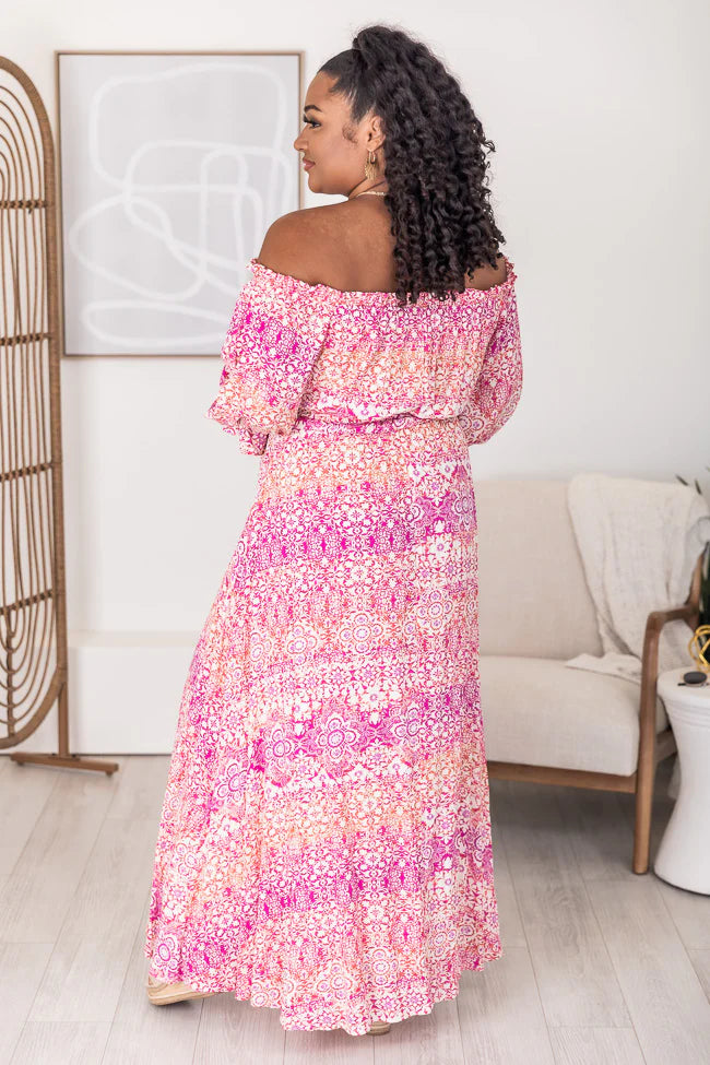 Dynamic Love Pink Printed Off The Shoulder Maxi Dress FINAL SALE