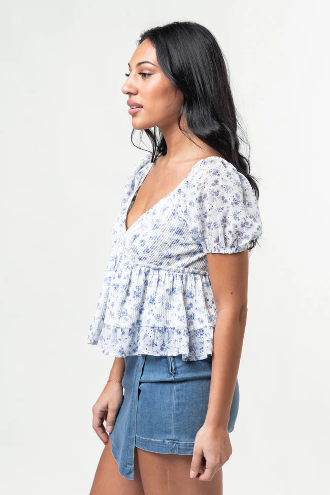 Garden Of Dreams Blue Waffle Knit And Eyelet Trim Floral Short Sleeve Top