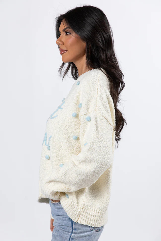 Let It Snow Ivory And Blue Fuzzy Pom Sweater FINAL SALE