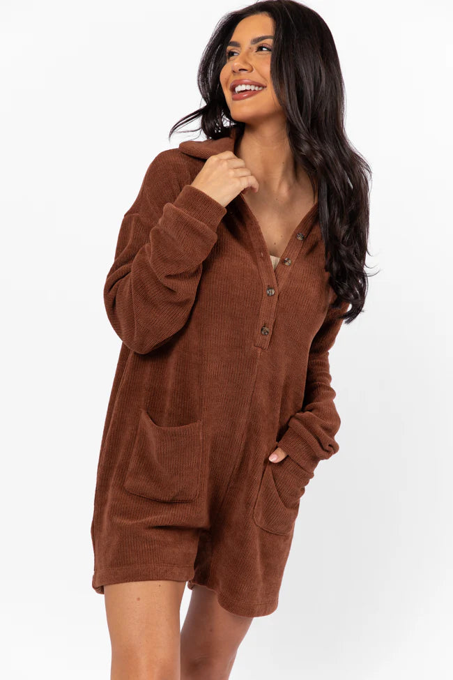 Now Or Never Chestnut Chenille Button Front Romper