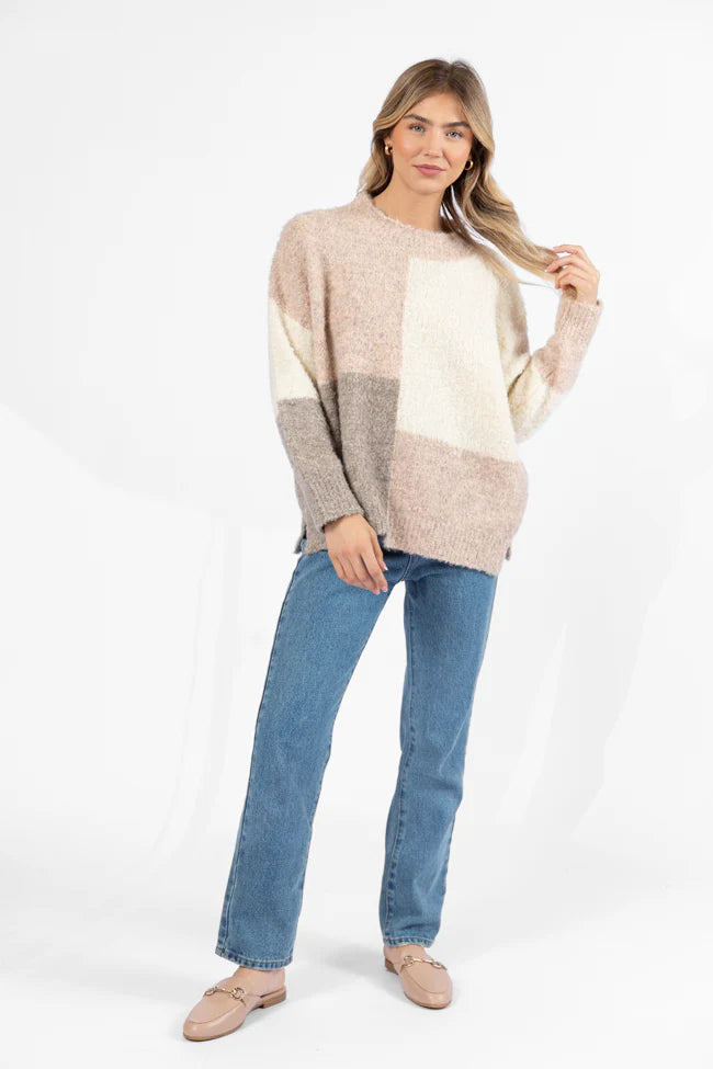 All On You Beige Multi Fuzzy Colorblock Mock Neck Sweater