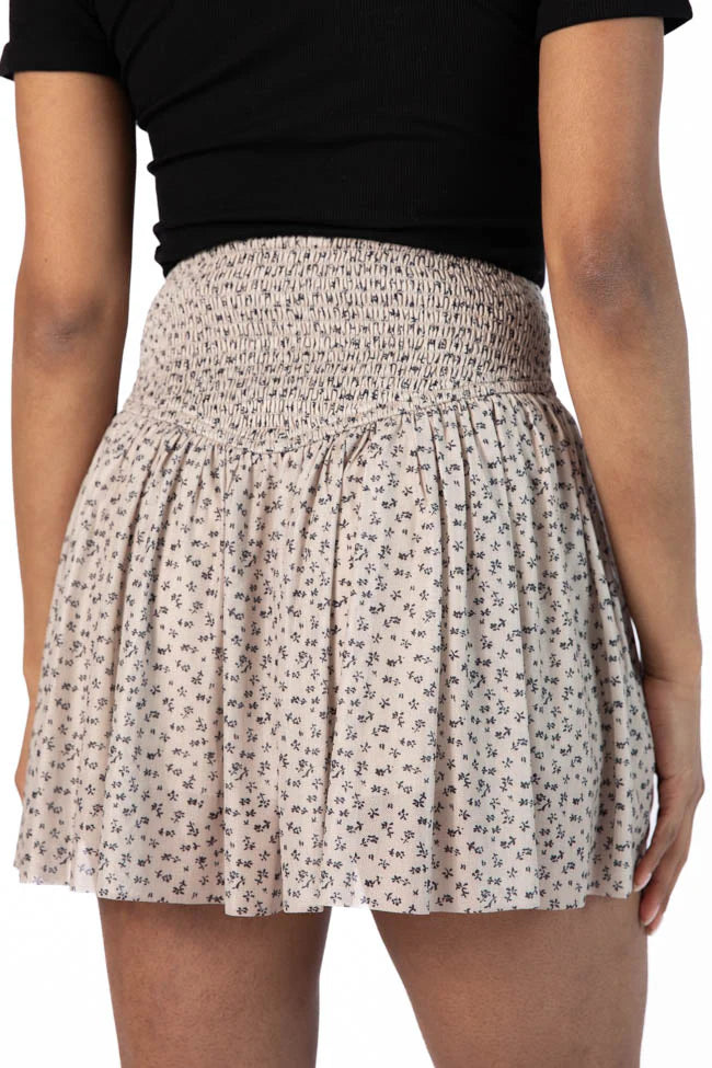 Star-crossed Lovers Tan and Black Corset Waist Floral Mini Skort