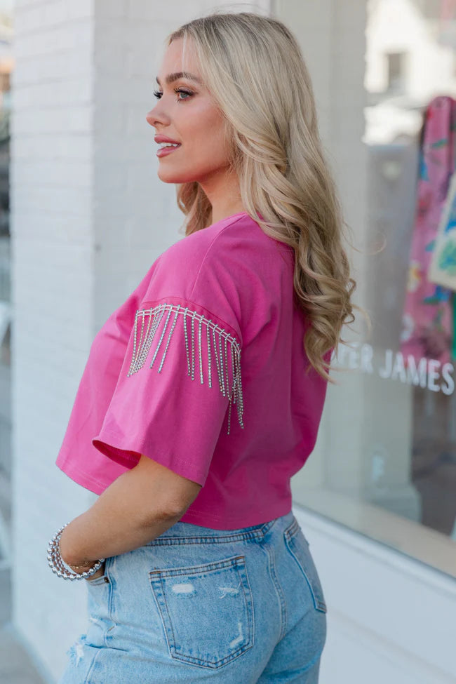 Hold On Loosely Pink Rhinestone Shoulder Detail T-Shirt SALE