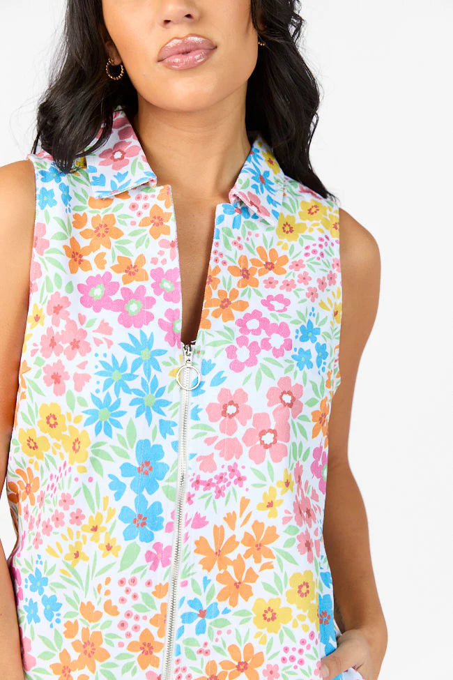 A Lesson Learned Multi Zipper Front Floral Denim Romper