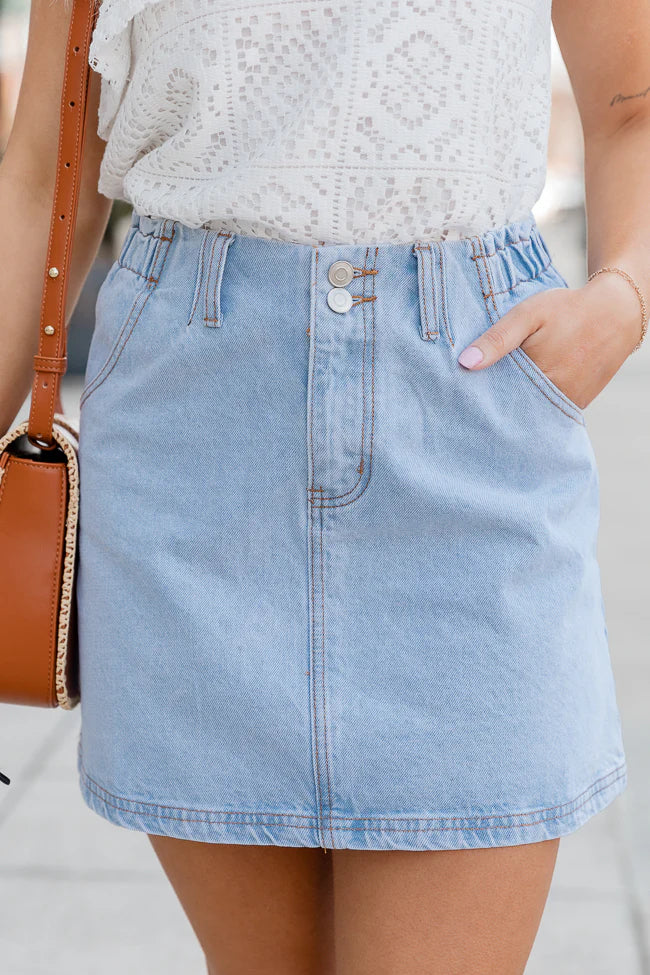 I've Been Thinking Light Wash Denim Paper Bag Waist Mini Skirt SALE