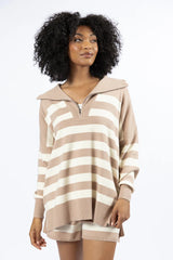 Pulling Heartstrings Taupe And Cream Striped Quarter Zip Pullover SALE