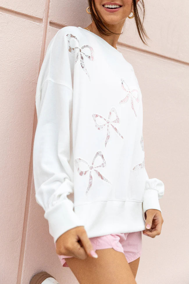 It's Forever Off White Bow Embroidered Lace Sweatshirt