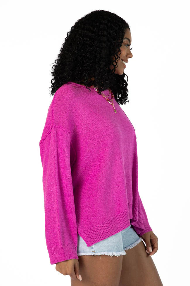 Tell Me Everything Magenta Oversized Pocketed Light Weight Sweater