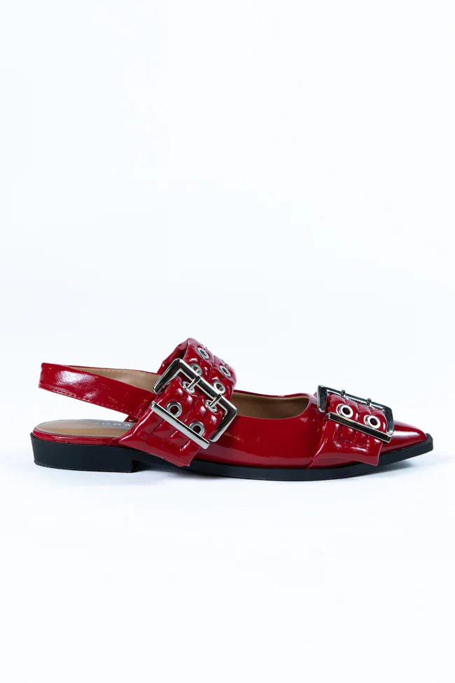 Addison Red Leather Buckle Slingback Flat