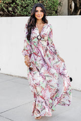 Where I Want To Be Pink and Green Tropical Printed Long Sleeve Maxi Dress FINAL SALE